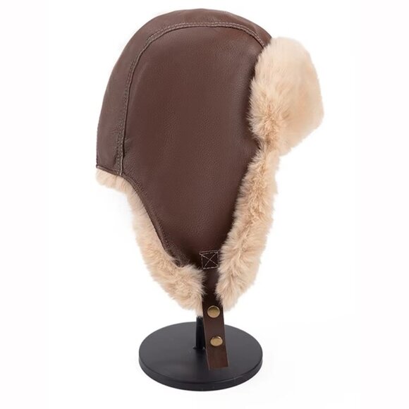 Men’s Winter Trapper Hat Leather Aviator Ushanka Bomber Cap Faux Fur Ear Flaps - Picture 8 of 9
